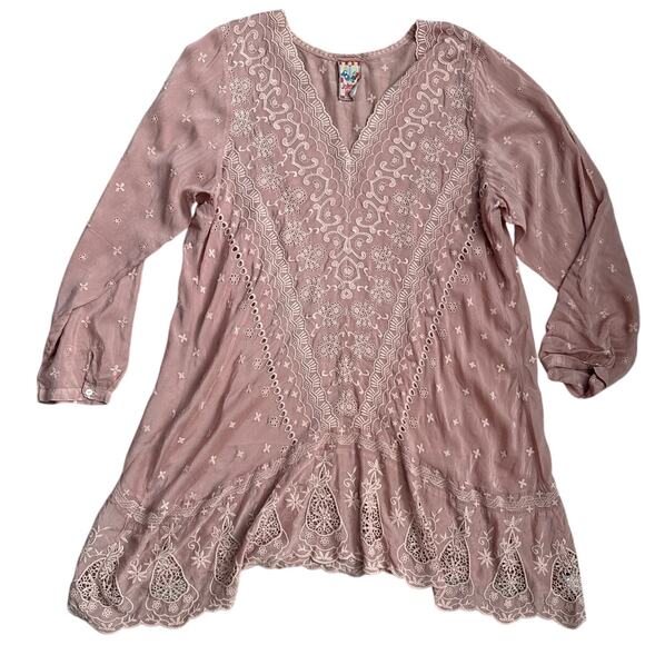 Johnny Was Plus V-Neck Embroidered‎ Tab Sleeve Midi Dress Dusty Rose Size 2X - Picture 9 of 12